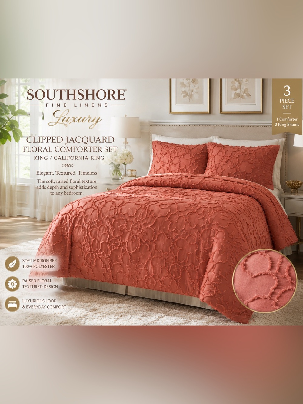 NEW SouthShore Fine Linens Luxury King Comforter Set 3PC Coral Floral Jacquard